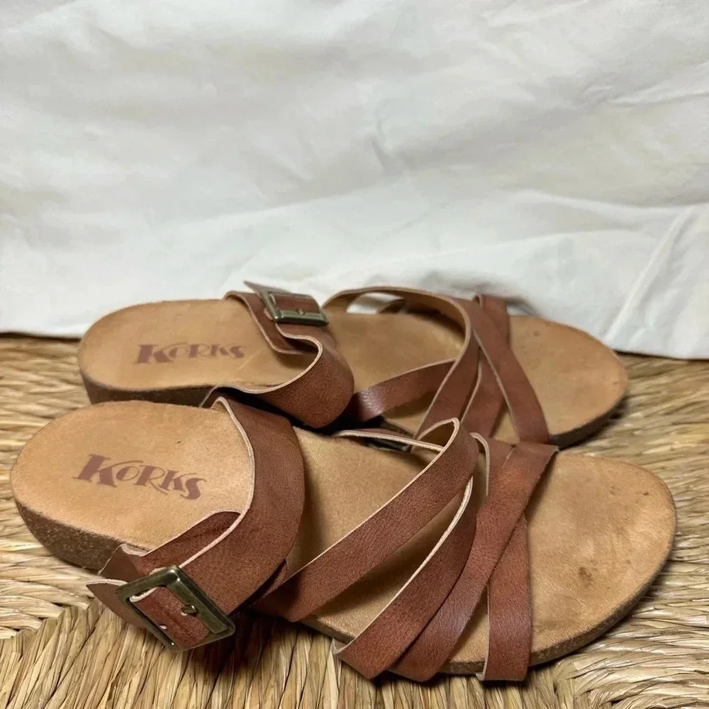 Korks by Kork-Ease Aster Brown Strappy Slide Leather Sandal Size 8 Buckle Comfy